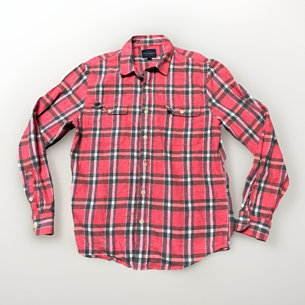 Lucky Brand Mens Blue Red Plaid Flannel Cotton Long Sleeve Button-Up Shirt Sz M